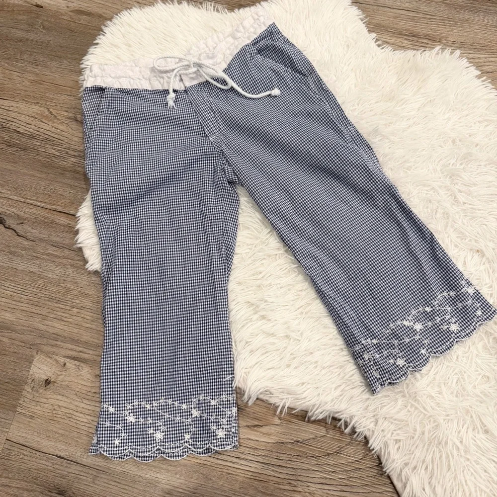 Trish Scully Gingham Embroidered Scallop Hem Wide Leg Pants Girls Medium Spring